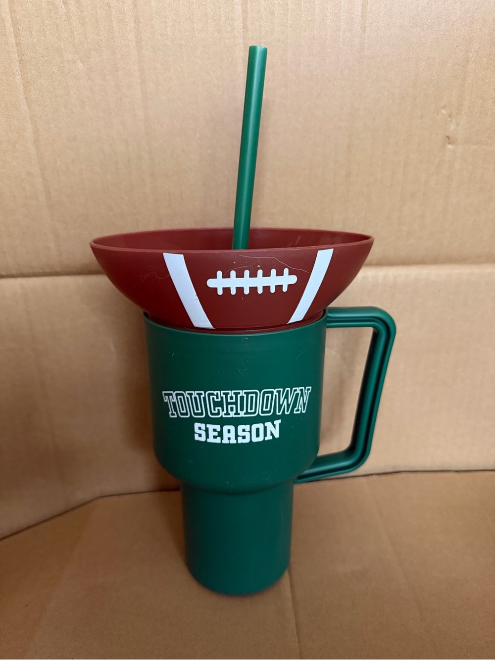 Touchdown Season Football Tumbler with Snack Bowl Lid & Straw Green Brown31.55oz